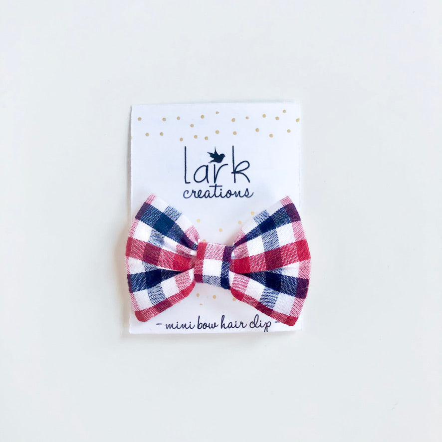 gingham navy/red | mini bow hair clip